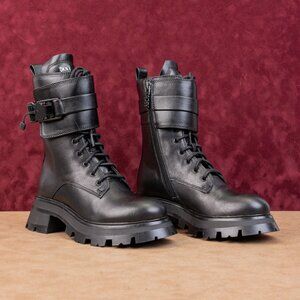 DKNY Women Sava Leather Lace-up Zip Festival Platform Ankle Combat Boots sz 7